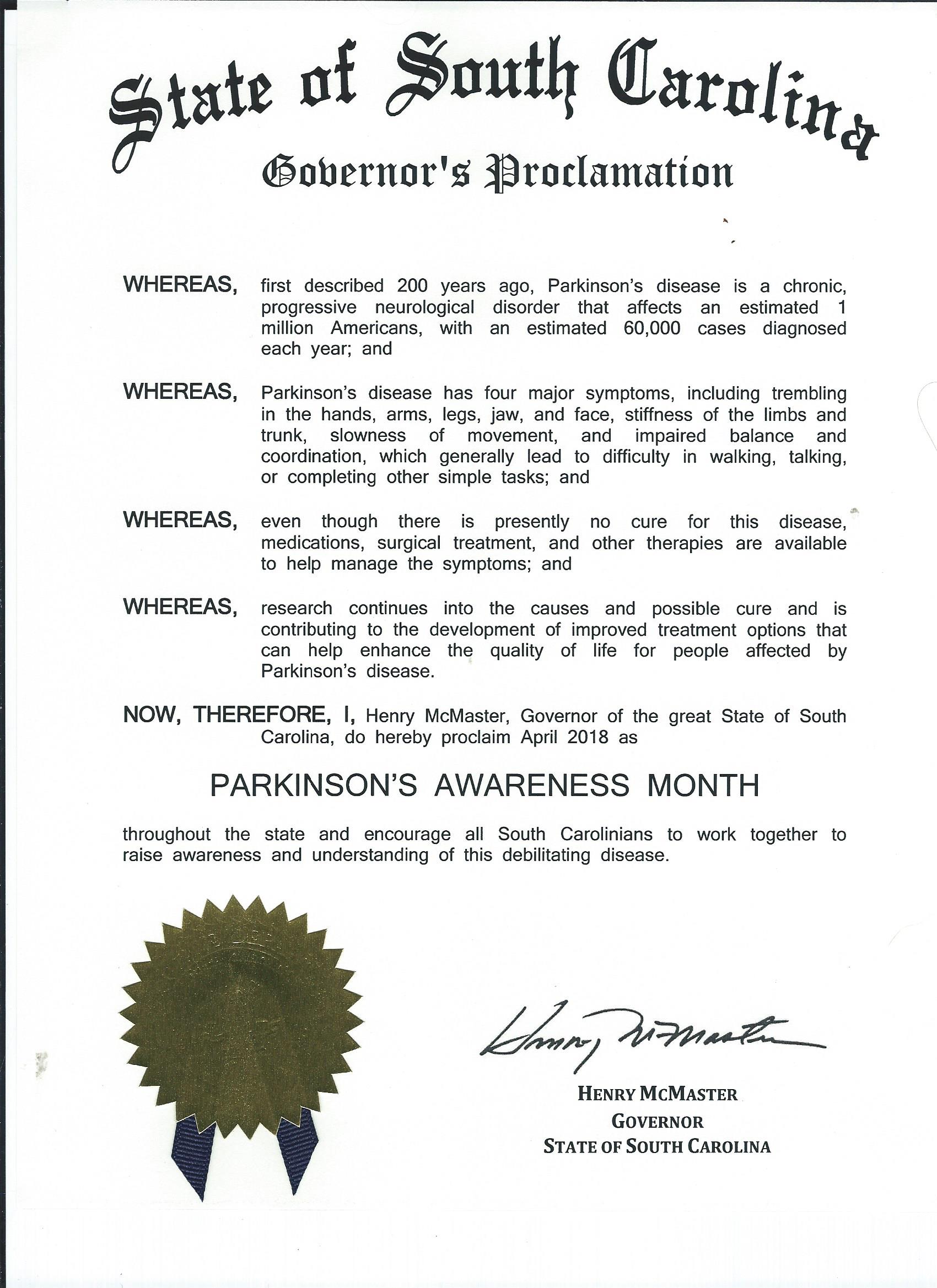 2018 Governor's Proclamation for PD Awareness Month